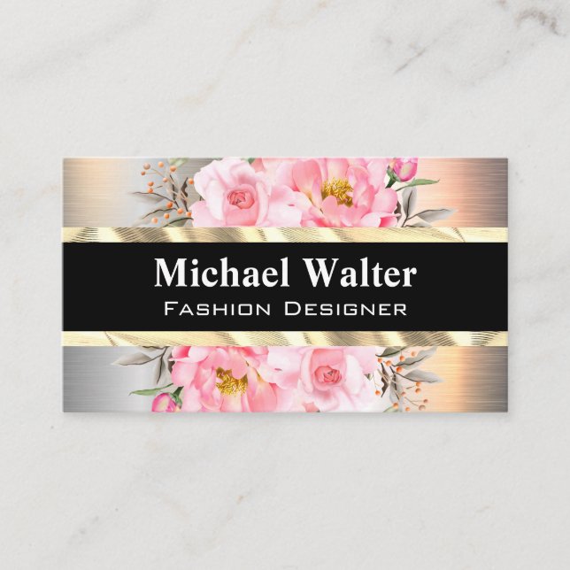 Silver Metallic | Gold | Pink Flowers Business Card (Front)