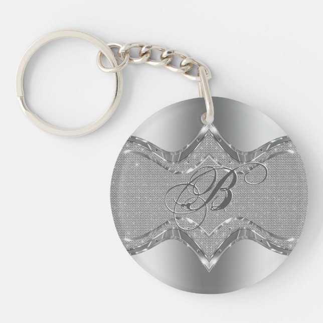 Silver Metallic Look With Diamonds Pattern 2 Keychain (Front)
