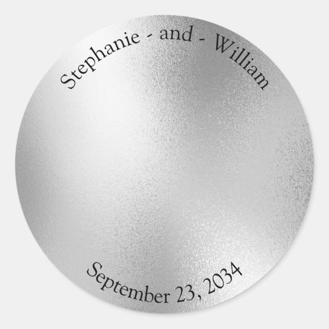 Silver Metallic Modern Elegant Wedding Classic Round Sticker (Front)