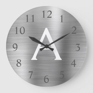 Silver Metallic Monogram Name & Initial Large Clock