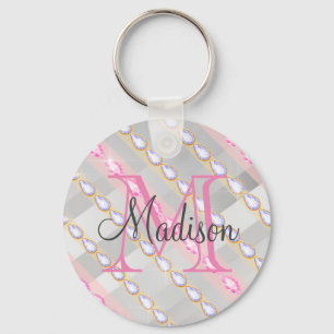 Silver Metallic Pink Rhinestones Personalized Keychain