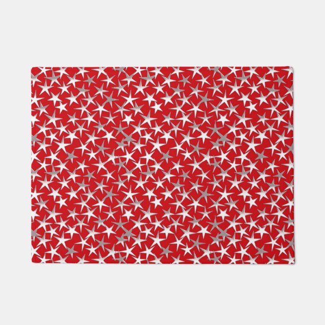 Silver Metallic Textured Stars on Deep Red Doormat (Front)