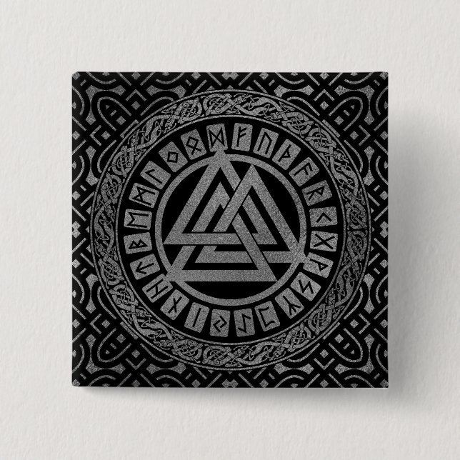 Silver Metallic Valknut Symbol on Celtic Pattern 2 Inch Square Button (Front)