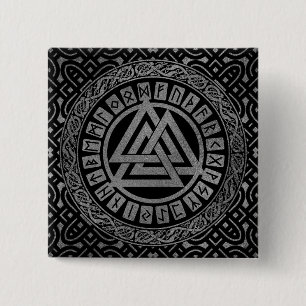 Silver Metallic Valknut Symbol on Celtic Pattern 2 Inch Square Button