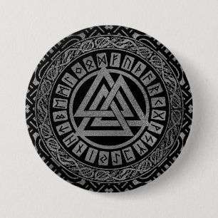Silver Metallic Valknut Symbol on Celtic Pattern 3 Inch Round Button