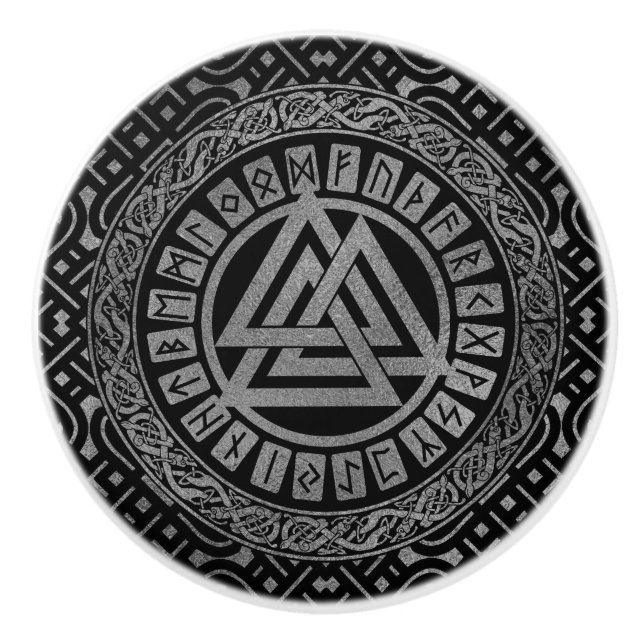 Silver Metallic Valknut Symbol on Celtic Pattern Ceramic Knob (Front)