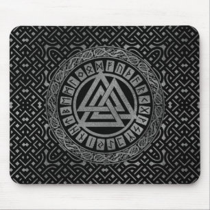 Silver Metallic Valknut Symbol on Celtic Pattern Mouse Pad