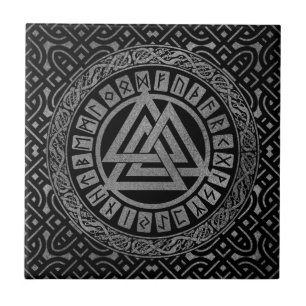 Silver Metallic Valknut Symbol on Celtic Pattern Tile