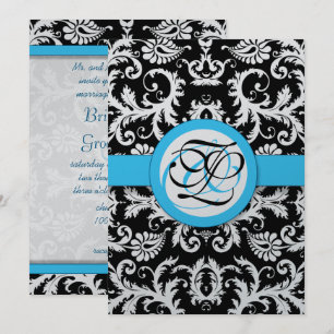 Silver Metallic Vintage Damask Bright Aqua Trim Invitation