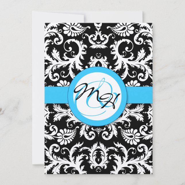 Silver Metallic Vintage Damask Bright Aqua Trim Invitation (Front)