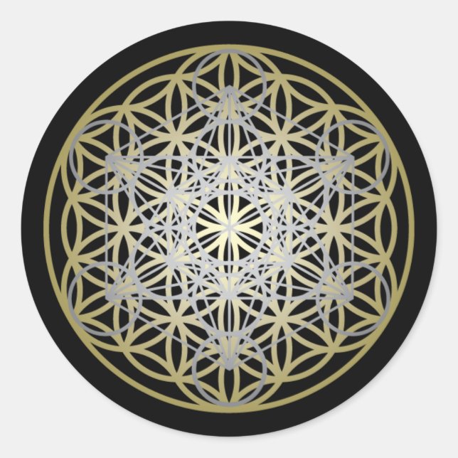 Silver Metatron's Cube Gold Flower of Life Classic Round Sticker (Front)