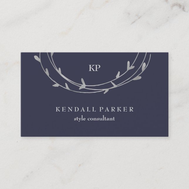 Silver Minimal Modern Circles on Midnight Blue Business Card (Front)