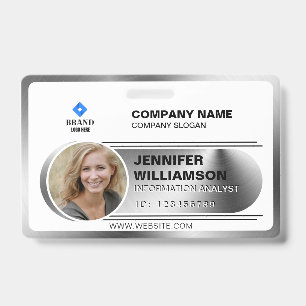 Silver Minimalist Business QR Employee Photo ID Ba Badge