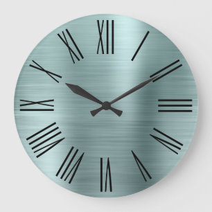 Silver Mint Brushed Foil Black Roman Numerals Large Clock