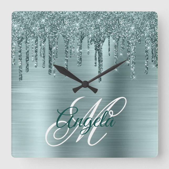 Silver Mint Brushed Foil Fancy Monogram Square Wall Clock (Front)