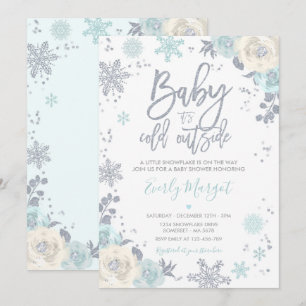 Silver & Mint Floral Winter Baby Shower Snowflake Invitation