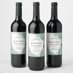 Silver Mint Green Floral Quinceañera 16th Birthday Wine Label
