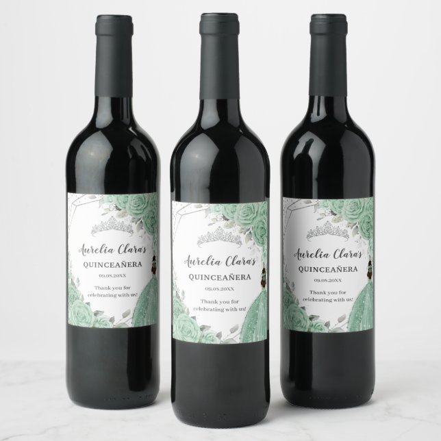 Silver Mint Green Floral Quinceañera 16th Birthday Wine Label (Bottles)