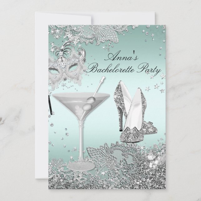 Silver Mint Mask & Jewel Lace Bachelorette Party Invitation (Front)