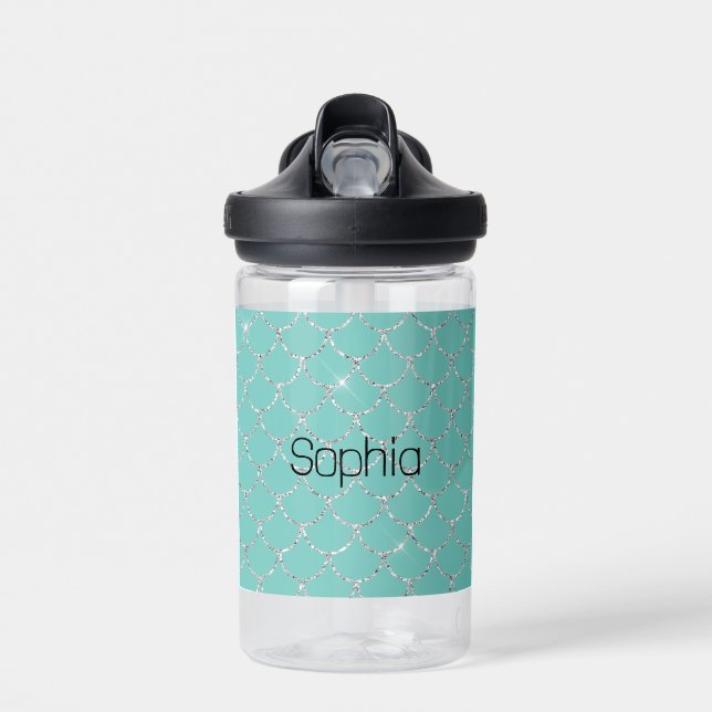 Silver Mint Mermaid Name Water Bottle (Front)