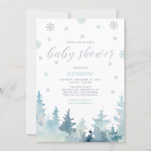 Silver & Mint Snowflake Winter Forest Baby Shower Invitation