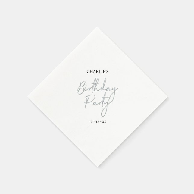Silver Modern Brush Script Adult Birthday Party Napkin (Corner)