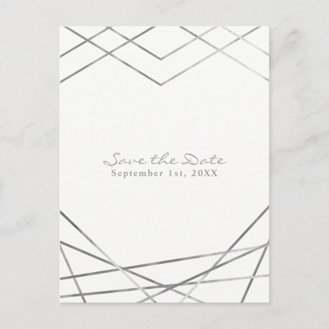 Silver Modern Geometric Lines Chic Save the Date Announcement Postcard (Front)