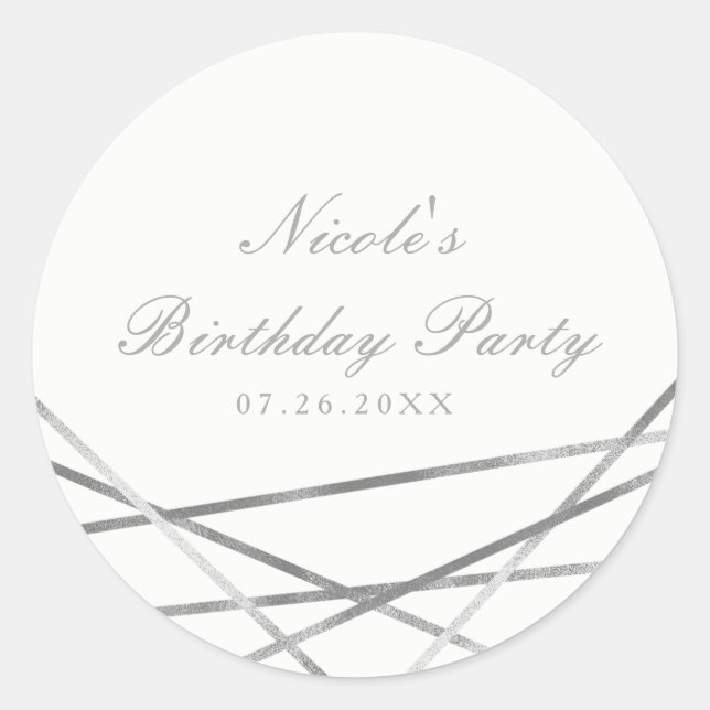 Silver Modern Geometric Lines Glam Party Favour Classic Round Sticker (Front)