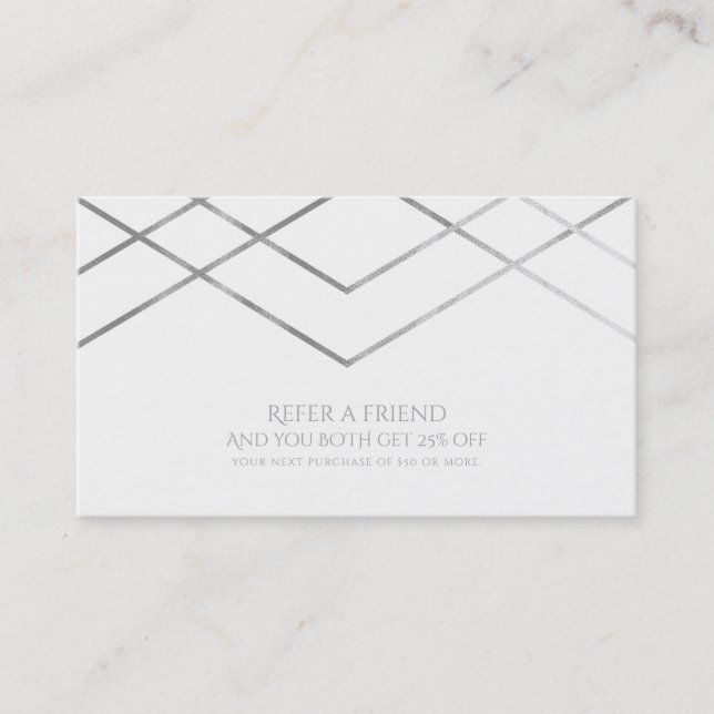 Silver Modern Geometric Lines Refer a Friend Referral Card (Front)