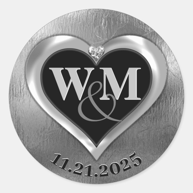 Silver Modern Glam Monogram Classic Round Sticker (Front)