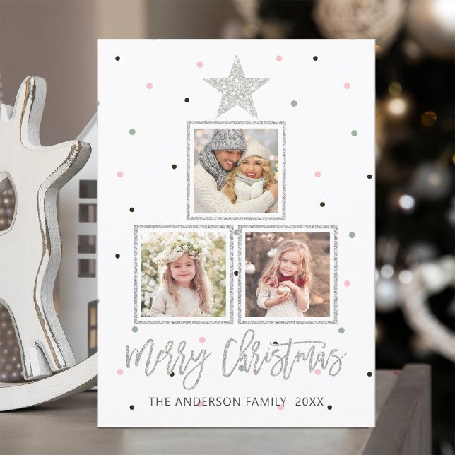 Silver | Modern Merry Christmas 3 Photo Holiday Card (Creator Uploaded)