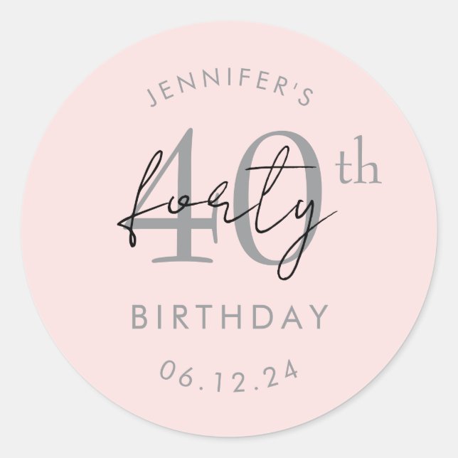 Silver Modern Script 40th Birthday Party Blush Classic Round Sticker (Front)