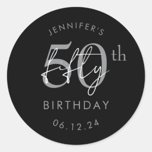 Silver Modern Script 50th Birthday Party Black Classic Round Sticker