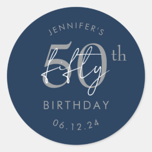 Silver Modern Script 50th Birthday Party Navy Classic Round Sticker