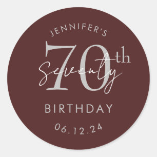 Silver Modern Script 70th Birthday Party Burgundy  Classic Round Sticker