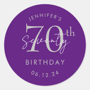 Silver Modern Script 70th Birthday Party Purple  Classic Round Sticker
