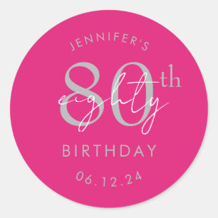 Silver Modern Script 80th Birthday Party Hot Pink  Classic Round Sticker