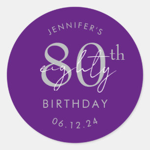 Silver Modern Script 80th Birthday Party Purple  Classic Round Sticker