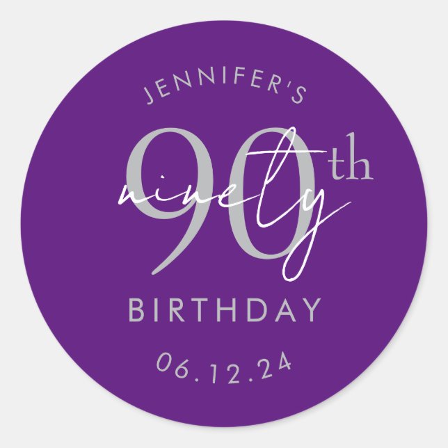 Silver Modern Script 90th Birthday Party Purple Classic Round Sticker (Front)