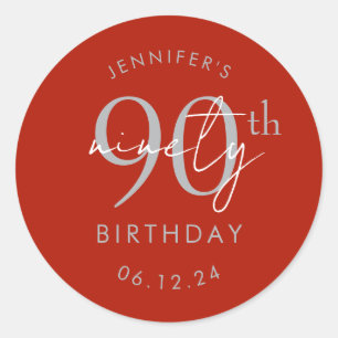Silver Modern Script 90th Birthday Party Red  Classic Round Sticker