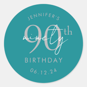 Silver Modern Script 90th Birthday Party Turquoise Classic Round Sticker