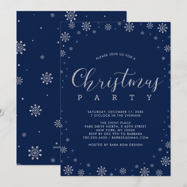 Silver | Modern Snowflakes Christmas Dinner Party Invitation (Front/Back)