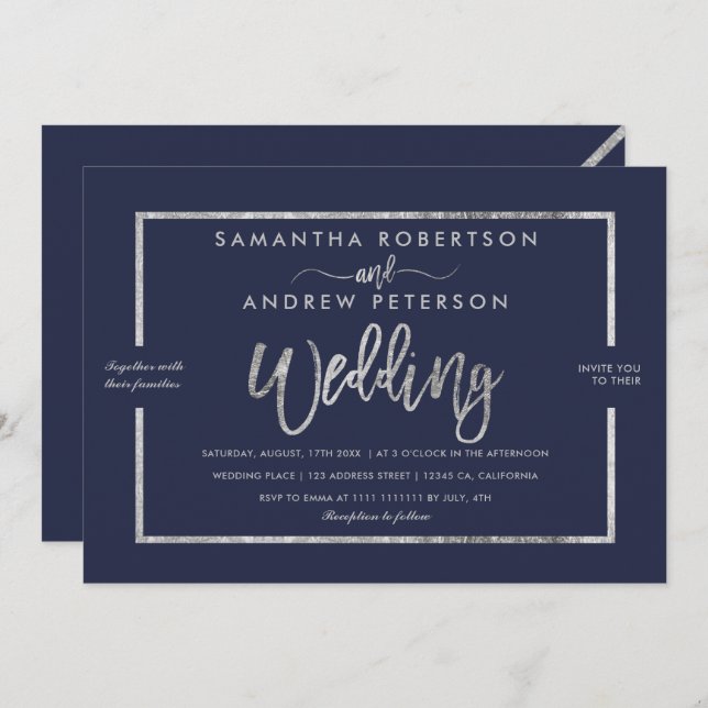 Silver modern typography navy blue chic wedding invitation (Front/Back)