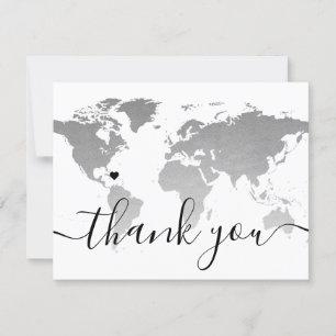 Silver Monochrome World Map Beach Wedding Photo Thank You Card