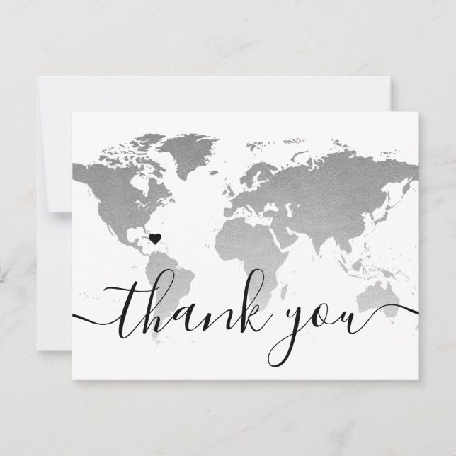 Silver Monochrome World Map Beach Wedding Photo Thank You Card (Front)