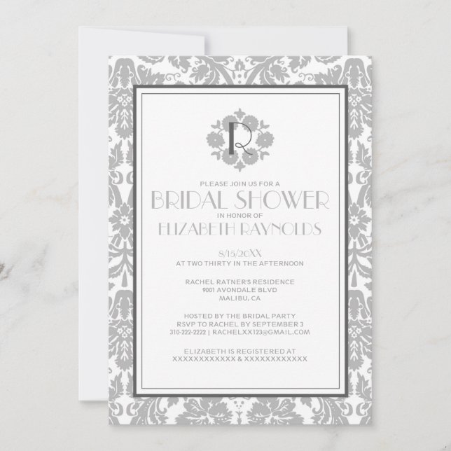 Silver Monogram Damask Bridal Shower Invitations (Front)