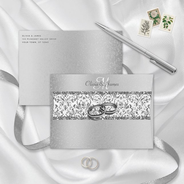 Silver Monogram Damask Glitter Wedding Envelope (Creator Uploaded)