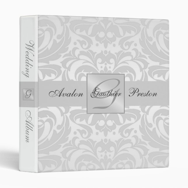Silver Monogram Damask Wedding Album Binder (Front/Spine)
