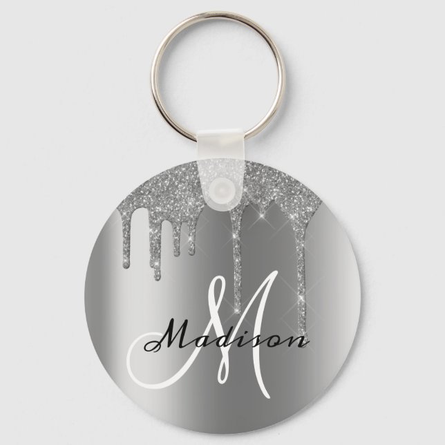 Silver Monogram Glitter Drips Pretty  Keychain (Front)