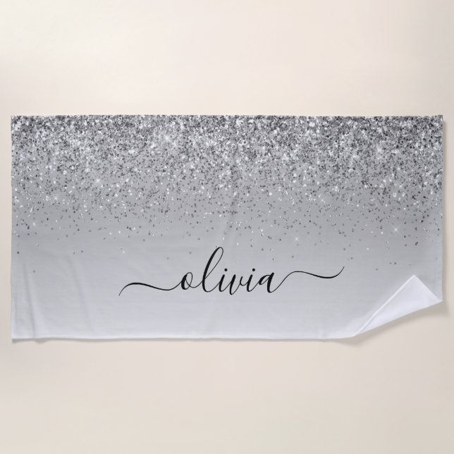 Silver Monogram Glitter Sparkle Girly Script Beach Towel (Front)
